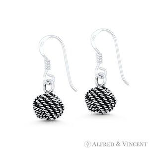 7mm Love Knot Charm Twist-Rope-Detail 925 Sterling Silver Dangling Hook Earrings